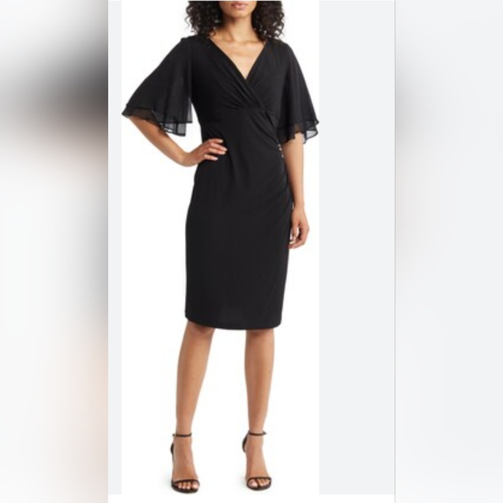 Connected Apparel Black Midi Dress with Flutter Sleeves